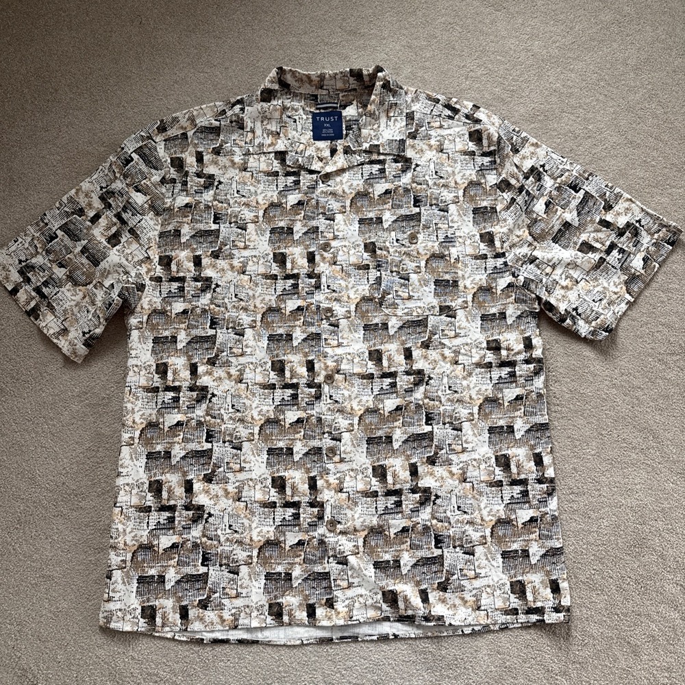 Trust Linen Blend Camp Shirt Mens Sz XXL Brown Button Front Loop Collar Abstract